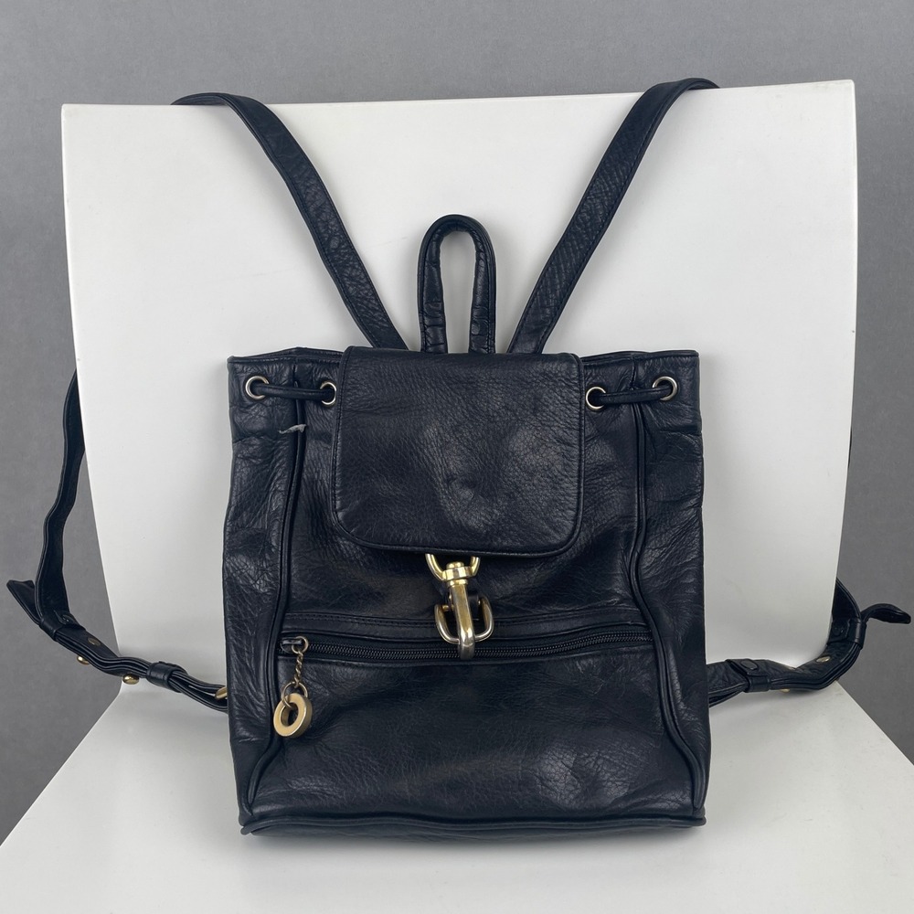 VTG 90s Perlina New York Black Leather Backpack Drawstring Flap Rucksack Korea
